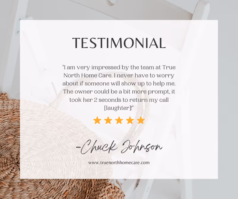 A white translucent testimonial overlay covers a light interior with a woven basket.