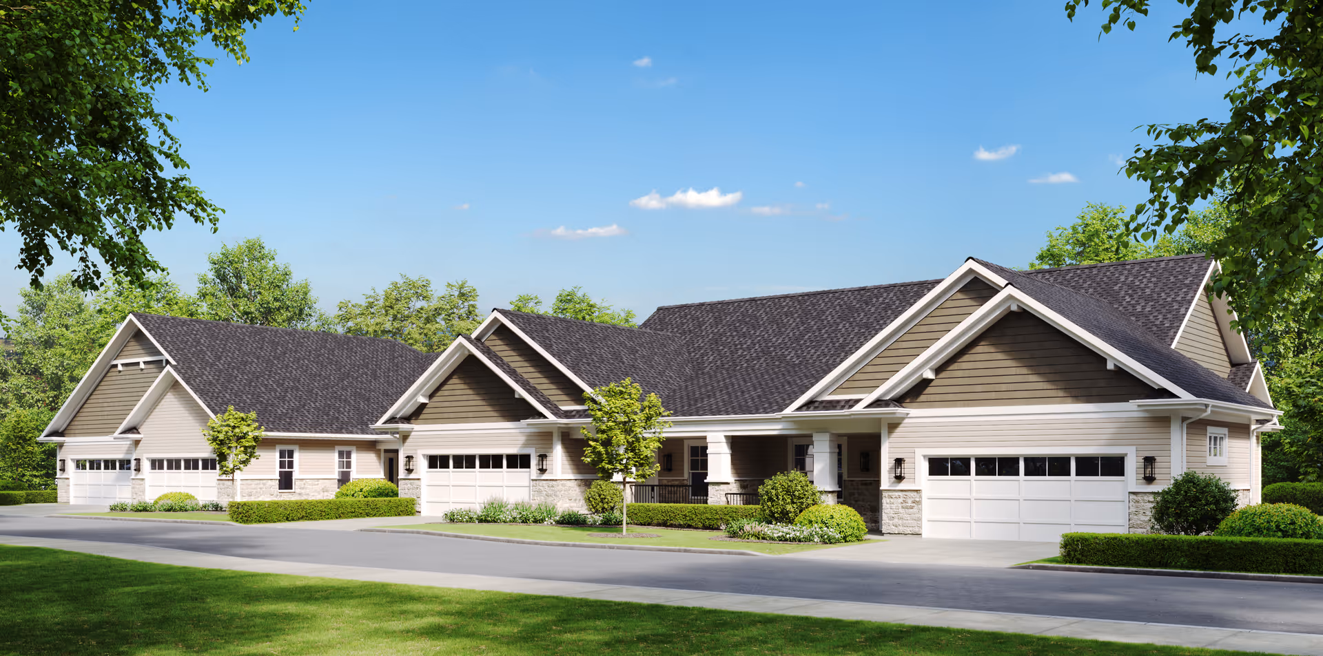 A large, multi-wing senior living facility with attached garages and well-kept landscaping.