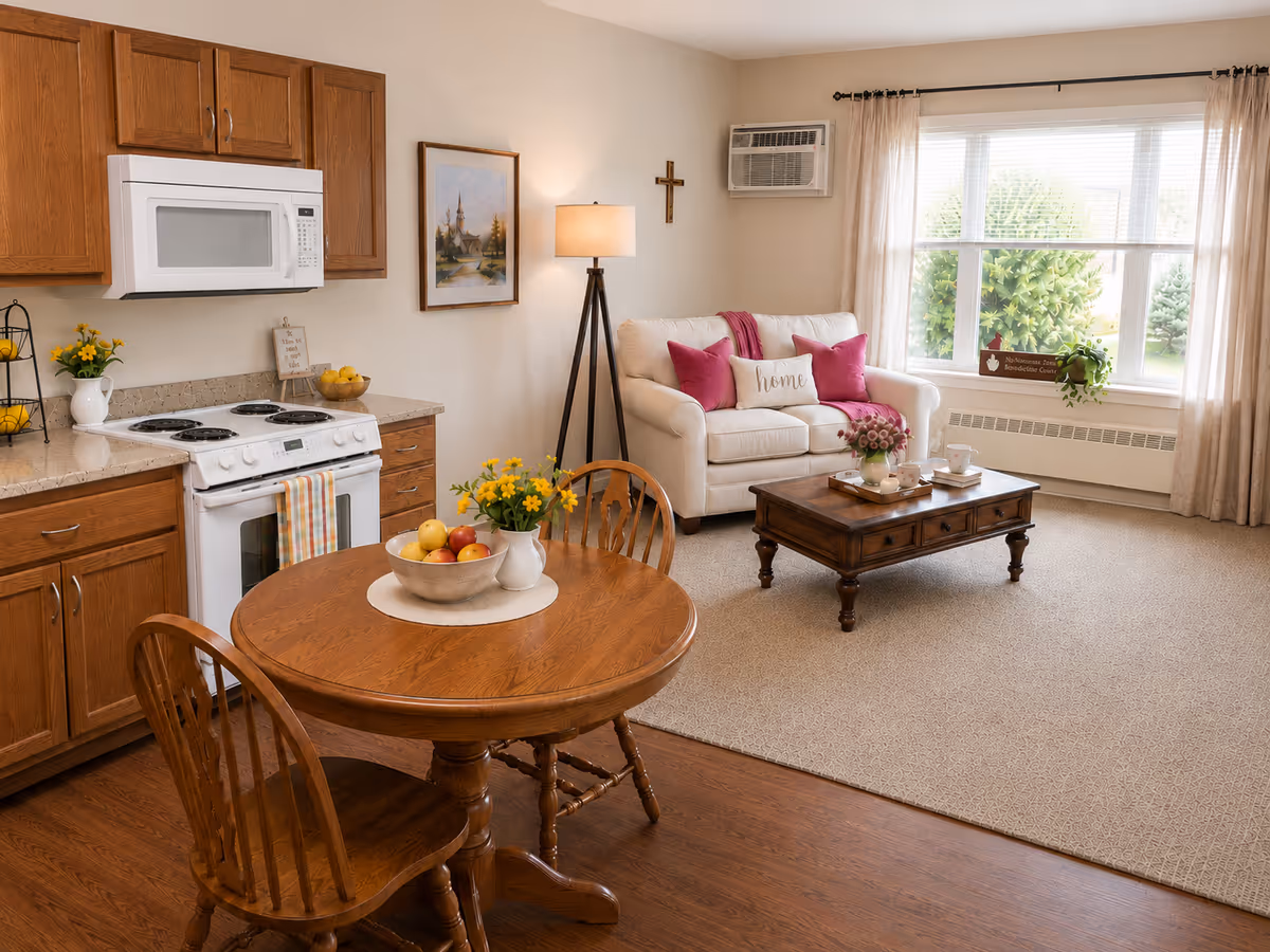 Cozy senior living apartment with kitchen, dining table, and living room seating.