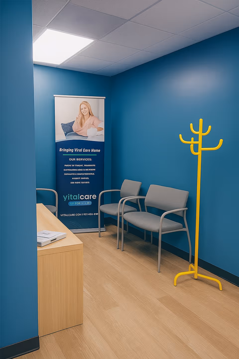 Blue-walled waiting area with two chairs, a yellow coat rack, and a promotional banner.