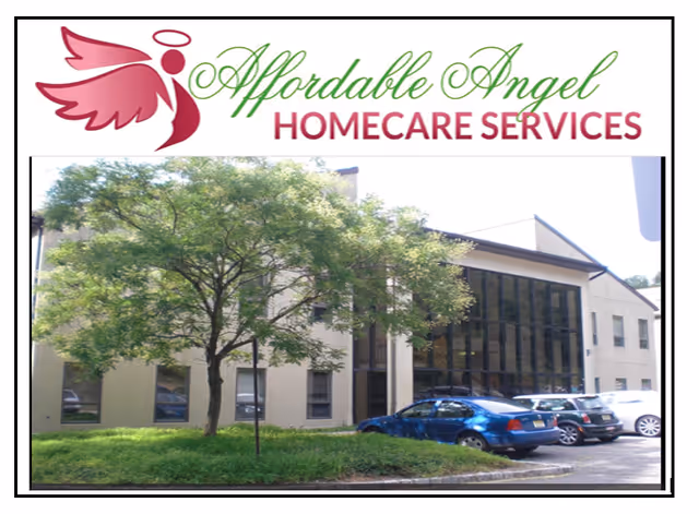 Front exterior of Affordable Angel Homecare Services building with trees and parked cars.