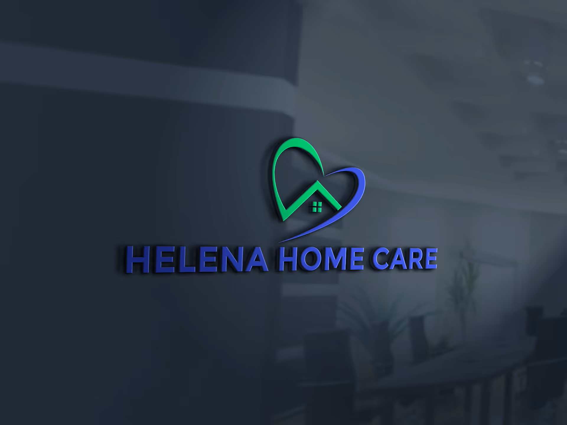 Blue HELENA HOME CARE logo on a dark interior wall with a heart-shaped house design