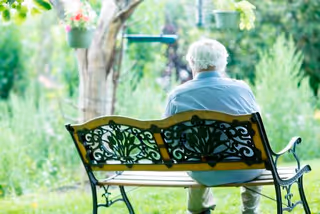 An elderly person with white hair sits on an ornate bench in a sunny garden.