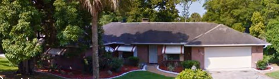 Single-story brick house with a dark shingled roof, a two-car garage, and a front yard featuring a palm tree and various shrubs and trees.