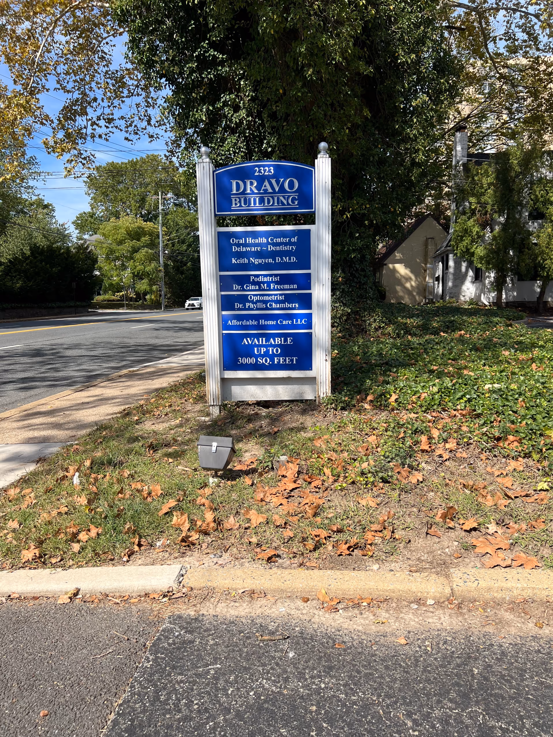 Blue signboard advertising Affordable Home Care along a sidewalk beside a street.