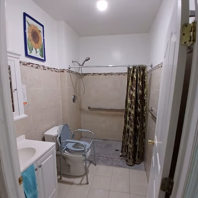 Compact bathroom with a shower, toilet, sink and accessible rails.