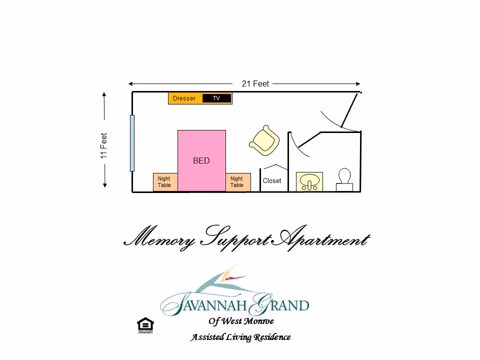 Floor plan diagram of a memory support apartment showing bed, dresser, and bathroom.