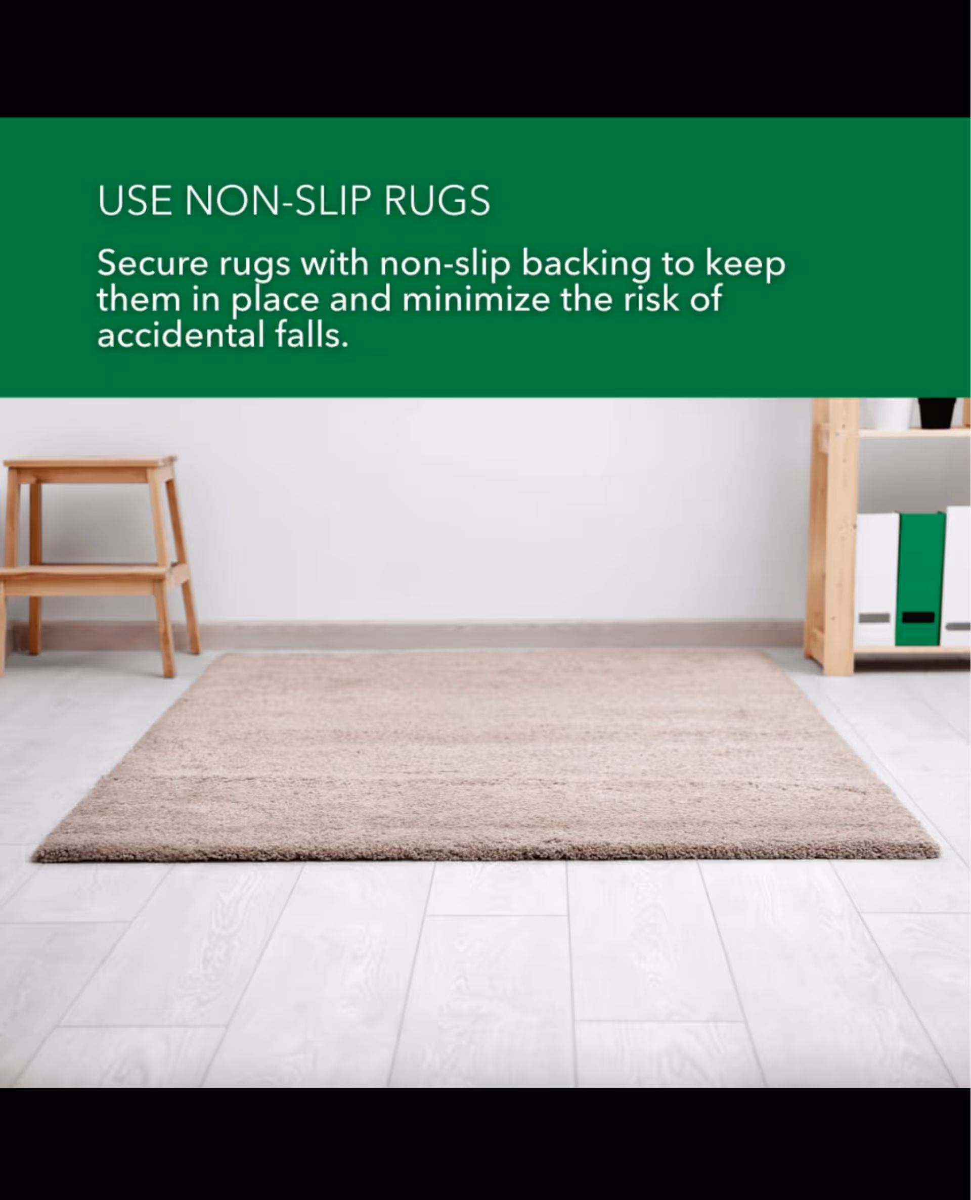 Light-filled room with beige rug, wooden stool, shelf of binders, and safety banner across top.