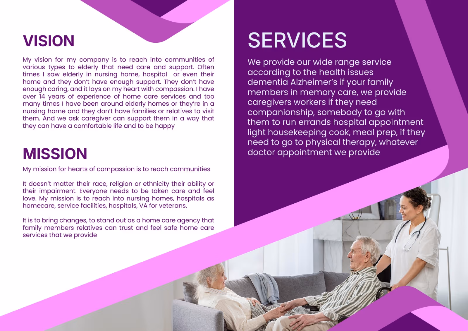 Purple brochure layout featuring Vision and Services text with a nurse and elderly residents