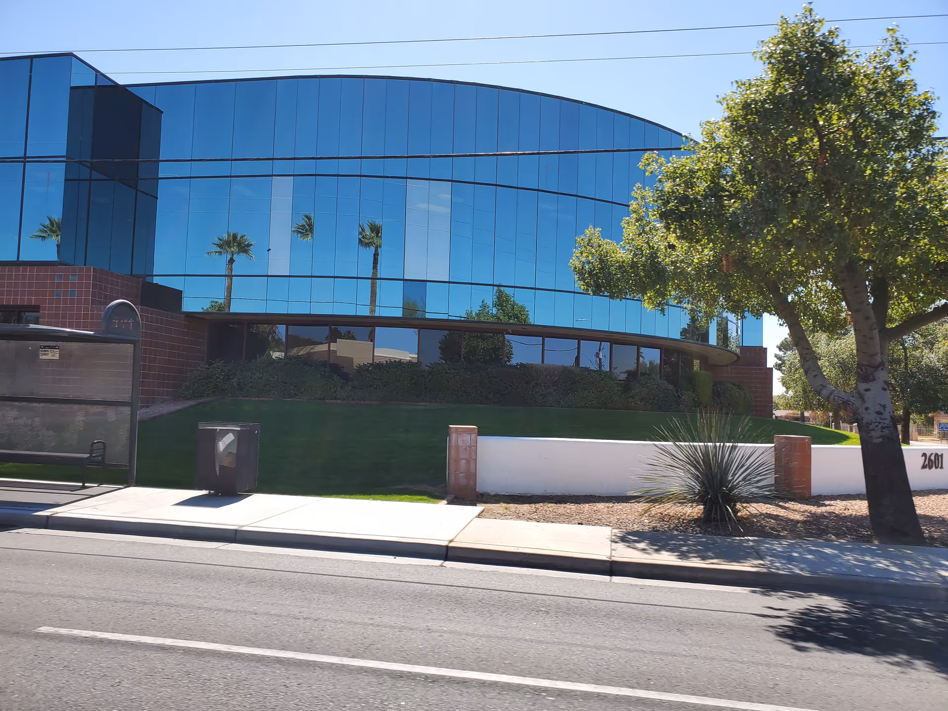 Exterior of a modern glass-front building with palm trees reflecting in the windows along a street.