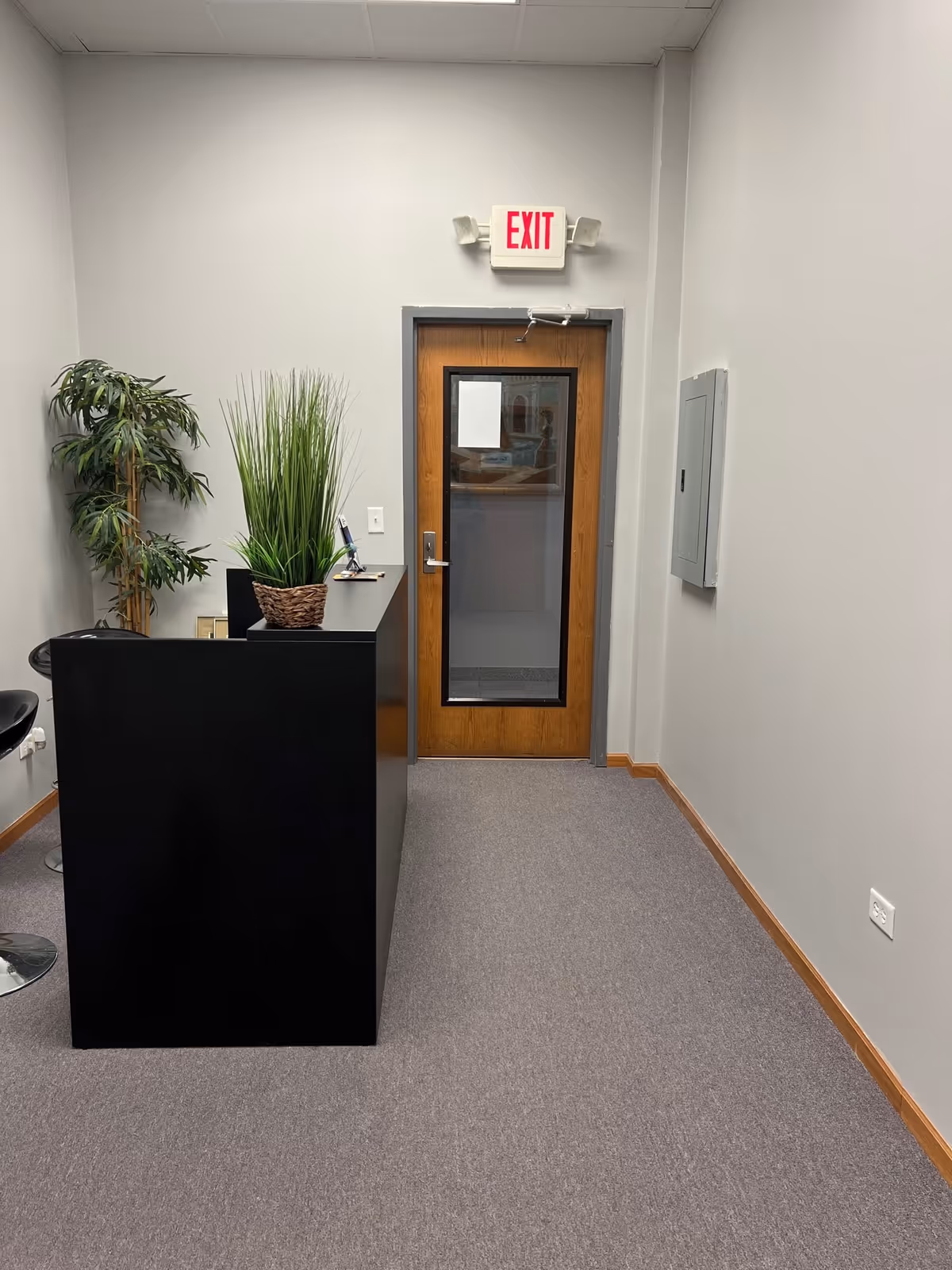 Indoor reception area with a black desk, tall plants, and a wooden exit door.