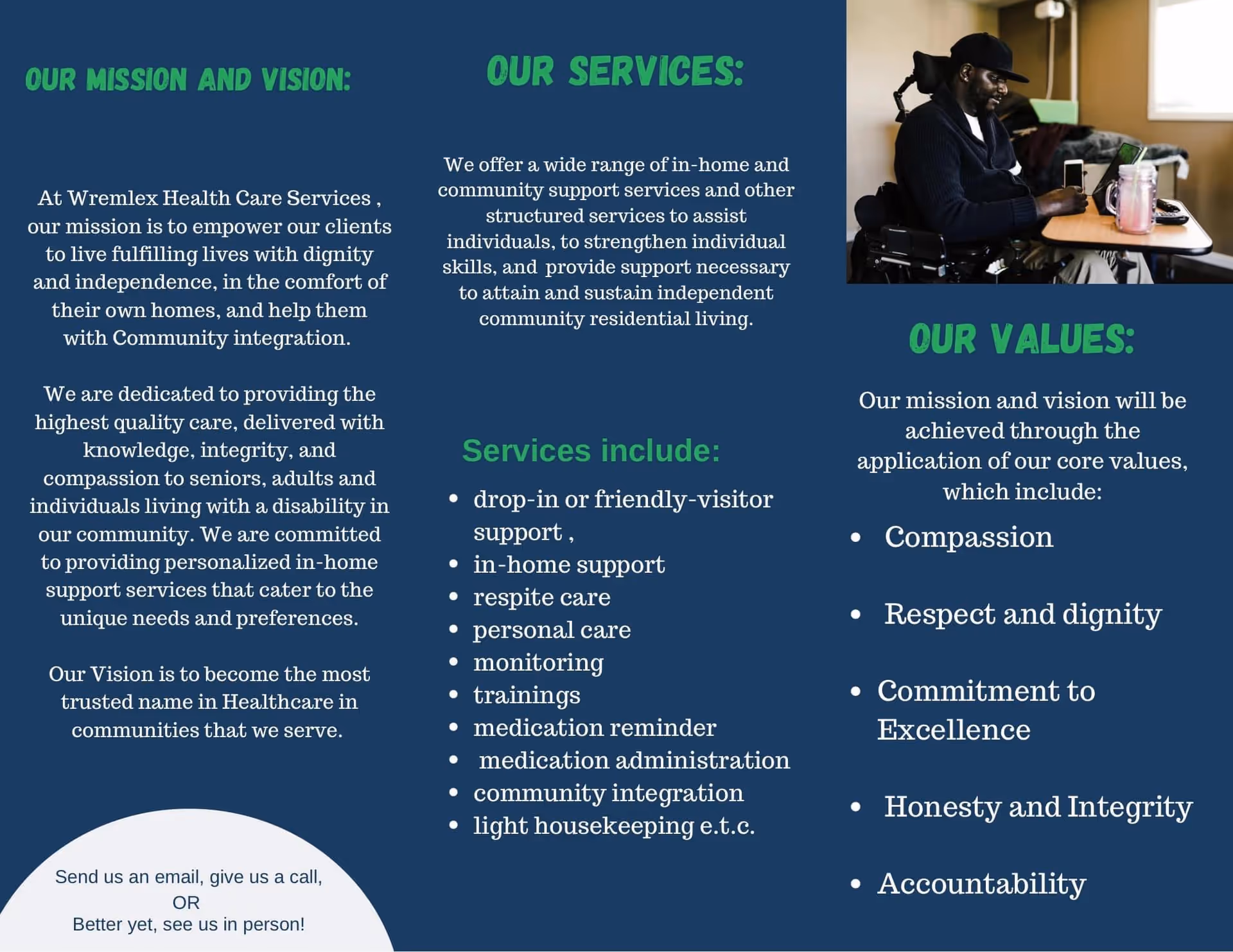 Three-panel brochure for Wremlex Health Care Services featuring text panels and a seated man in wheelchair.