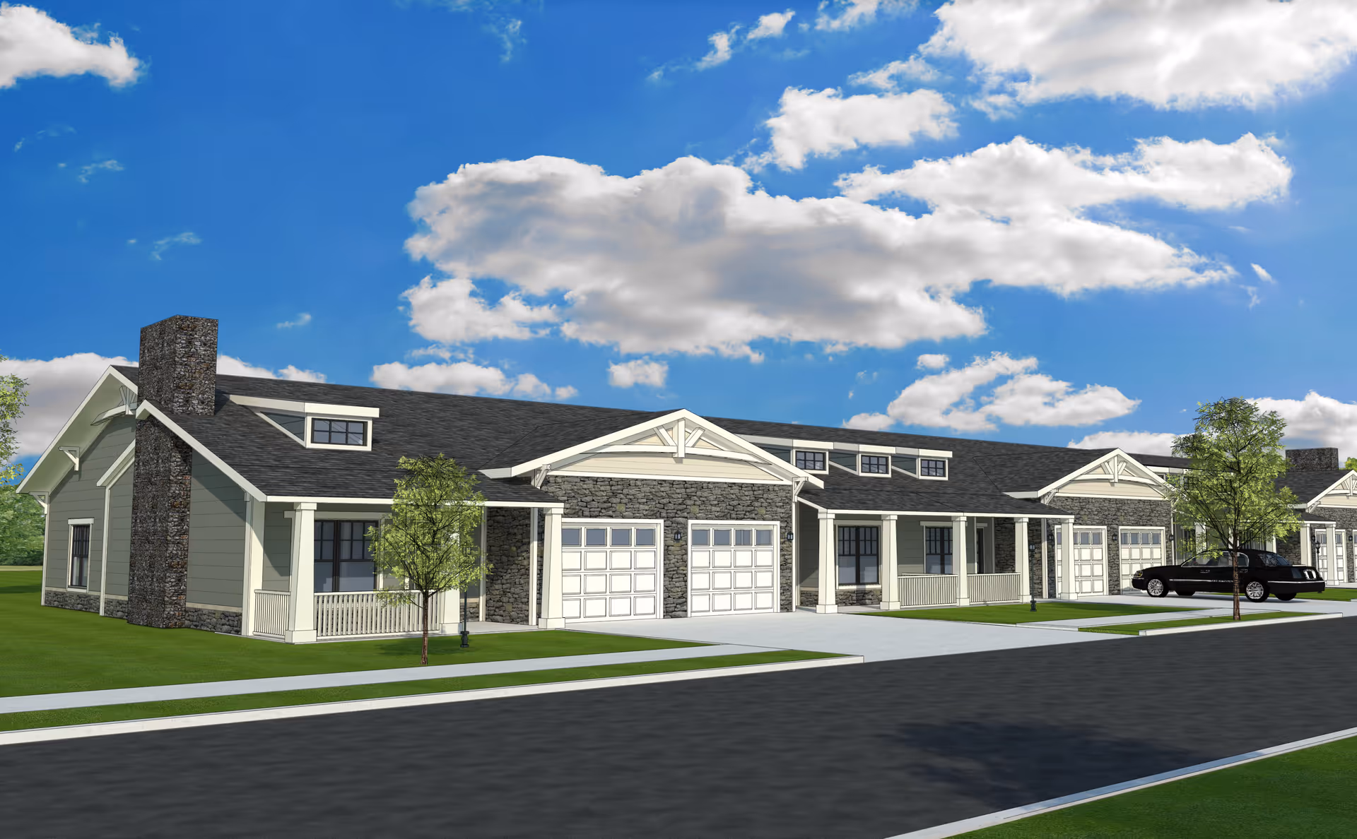 Exterior view of a modern senior living facility with attached townhomes and driveways.
