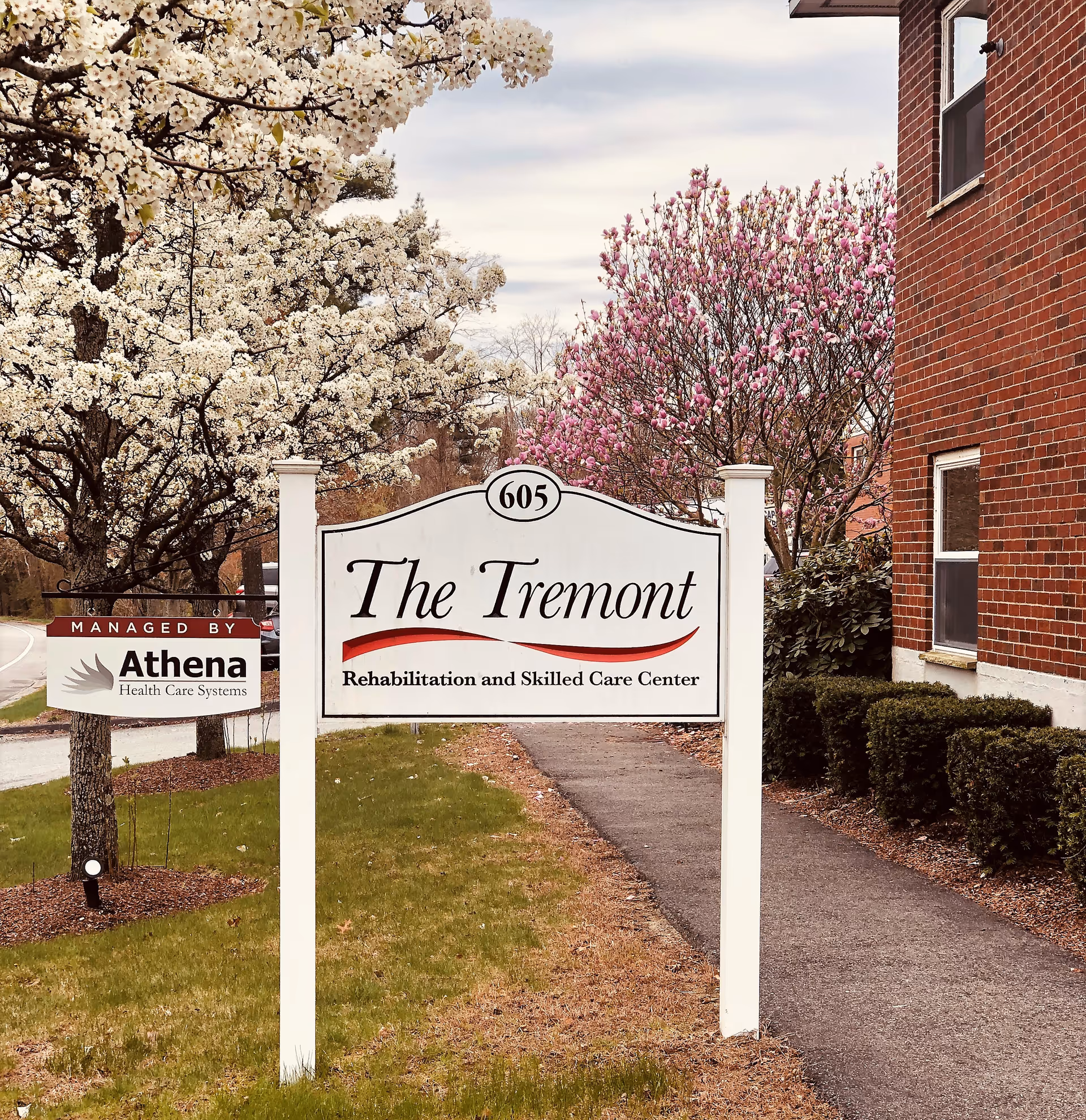 Outdoor view of a sign for The Tremont Rehabilitation and Skilled Care Center with the address number 605. The sign is white with black and red text, positioned on a grassy area next to a paved walkway. There are blooming trees with white and pink flowers in the background, and a brick building is partially visible on the right side. Another smaller sign nearby reads 'Managed by Athena Health Care Systems.'