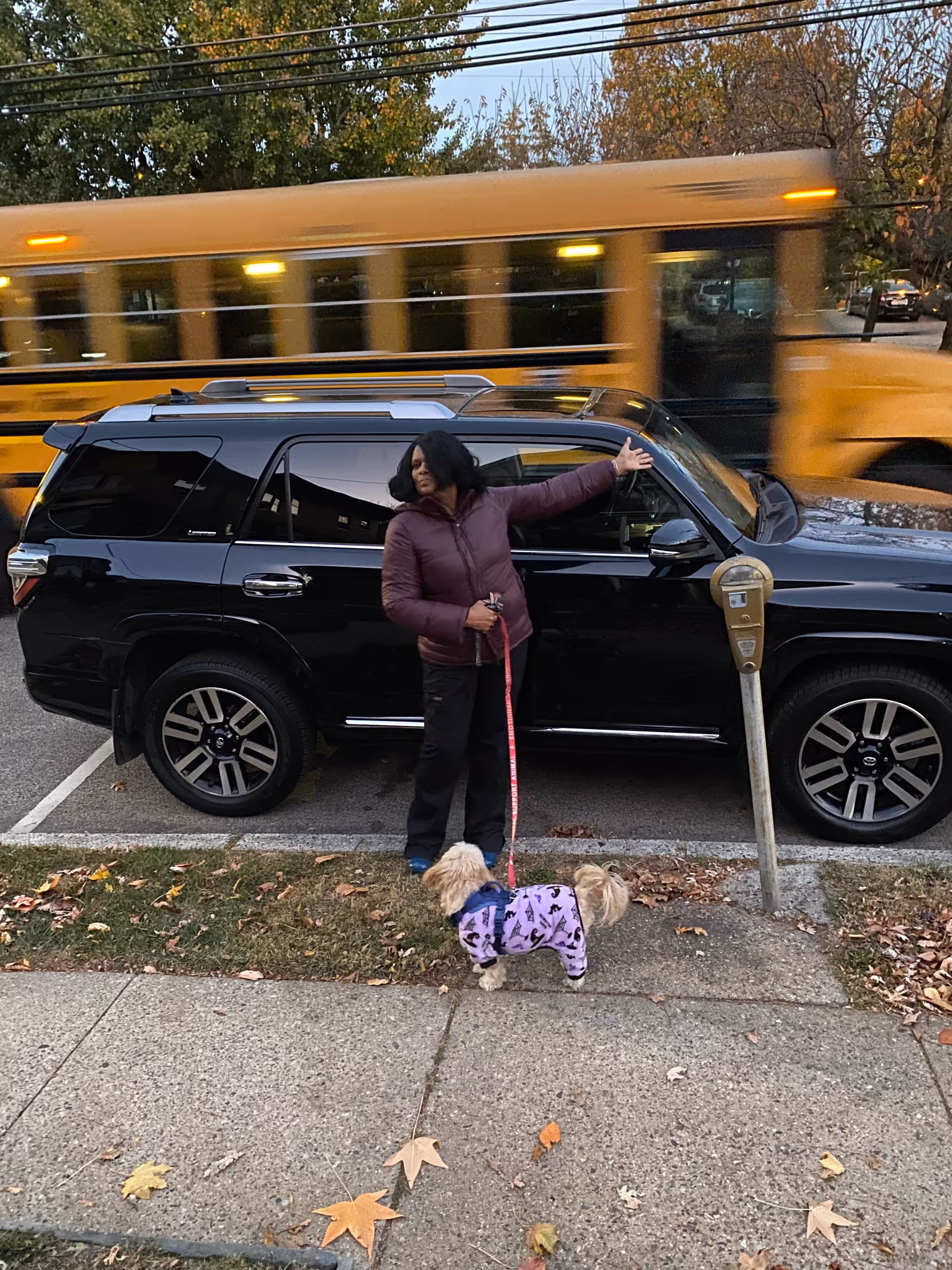 Person in purple jacket stands with small dog on leash beside parked SUV outdoors.