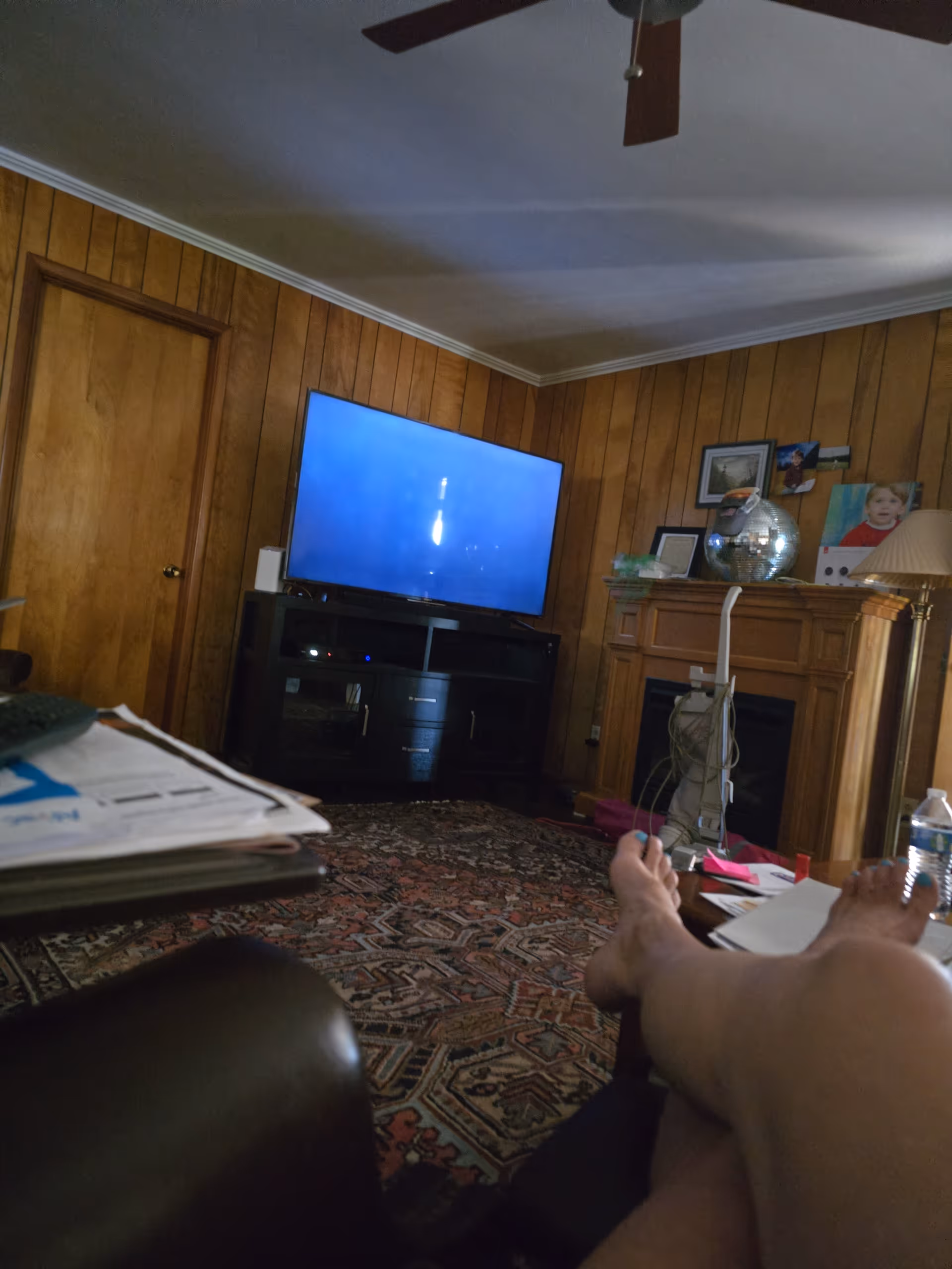 Living room with TV on stand, fireplace, wood-paneled walls, and a person resting.