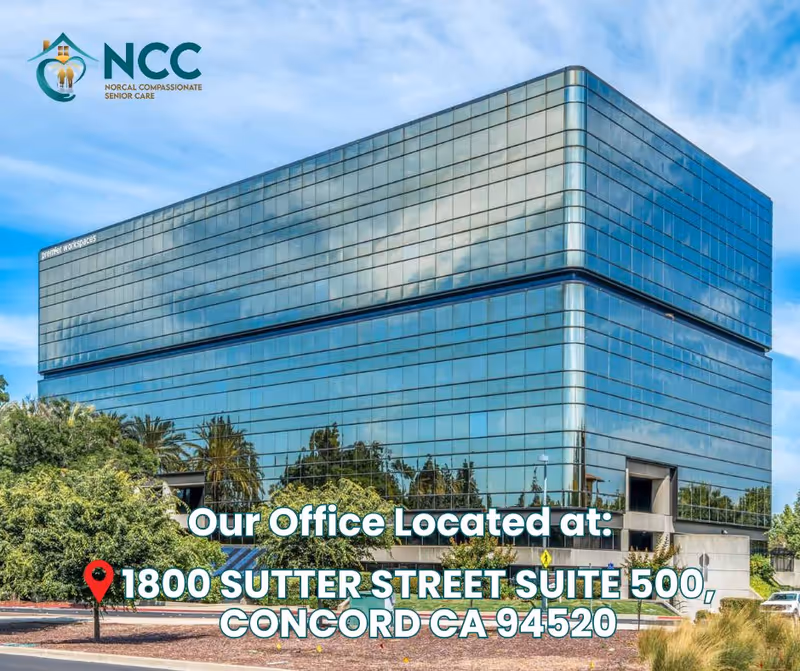 Modern glass office building with NCC logo and address overlay.