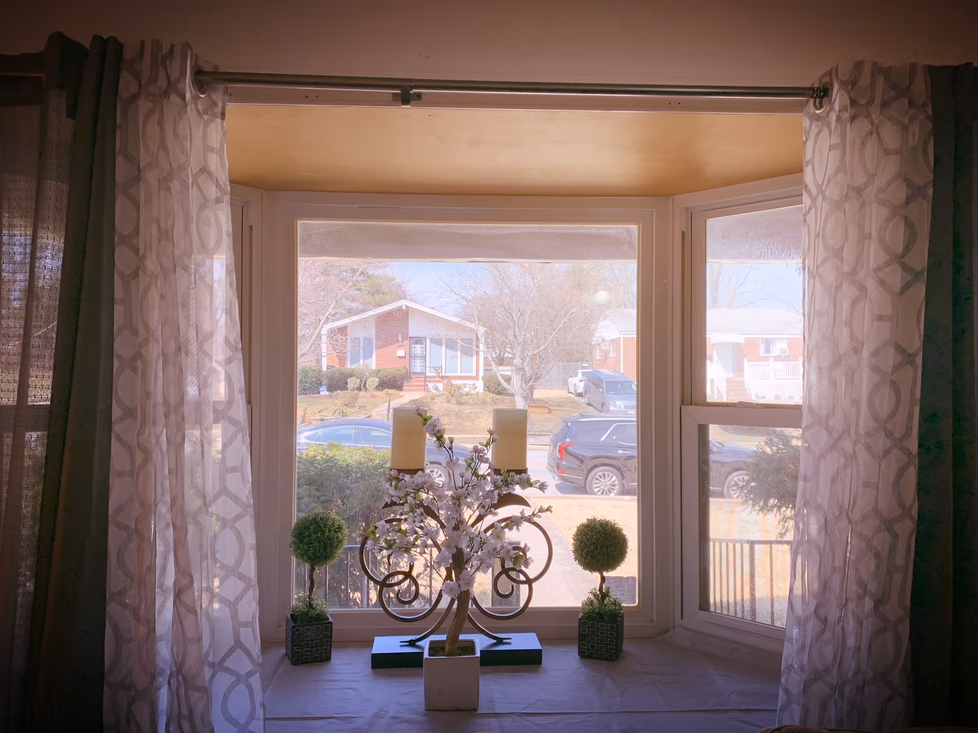 Sunlit living area with curtains, decorative centerpiece, and potted plants by the window.