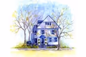 Watercolor illustration of a two-story house-like building with trees in front.