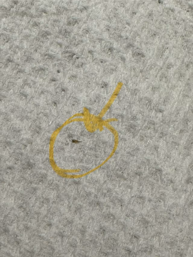 Close-up of a textured floor with a yellow circular doodle and stem.
