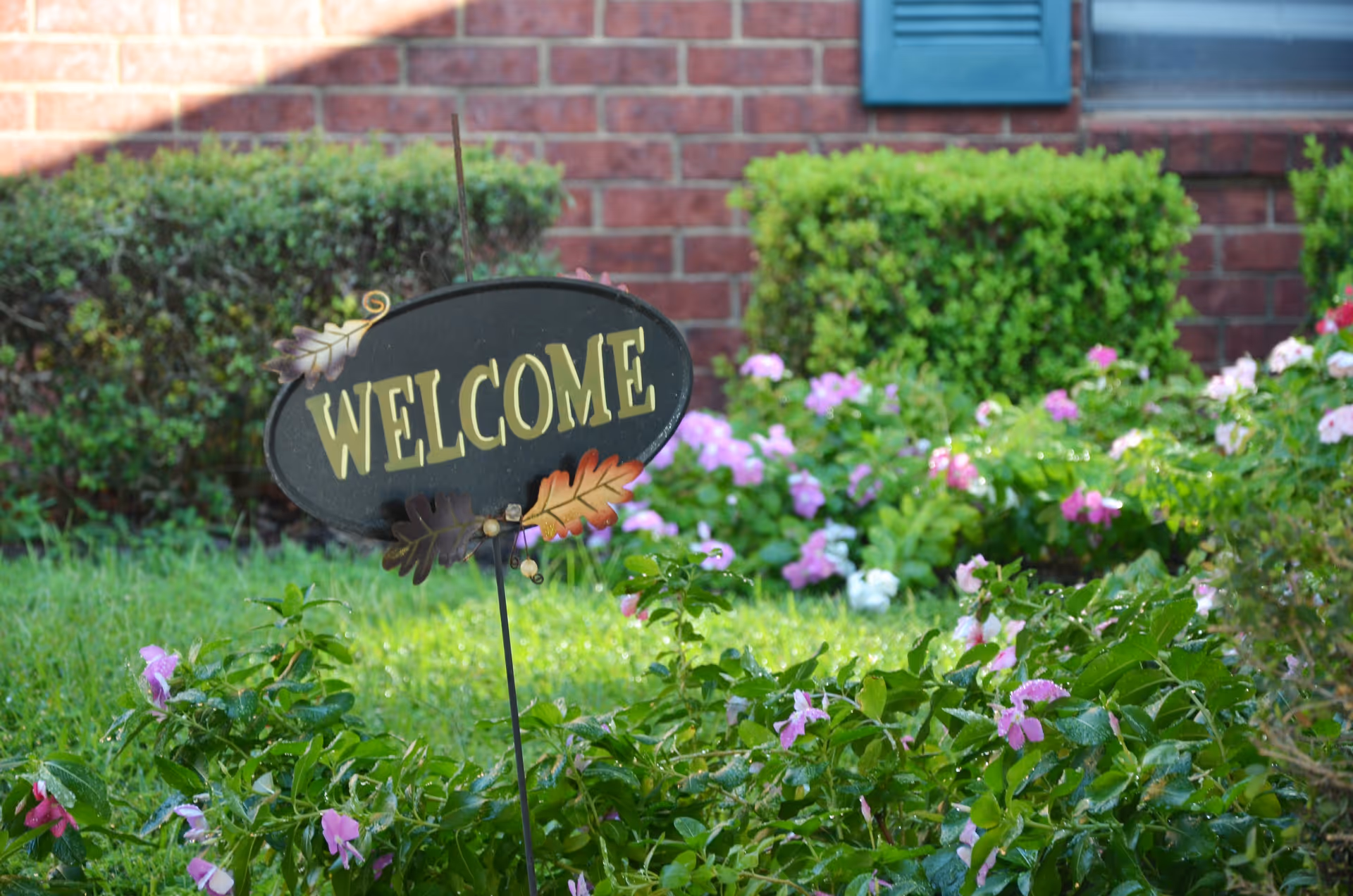 A garden area with green bushes and blooming pink and white flowers in front of a brick wall with a blue shutter. A decorative black oval sign with the word 'WELCOME' in yellow letters is placed among the plants.