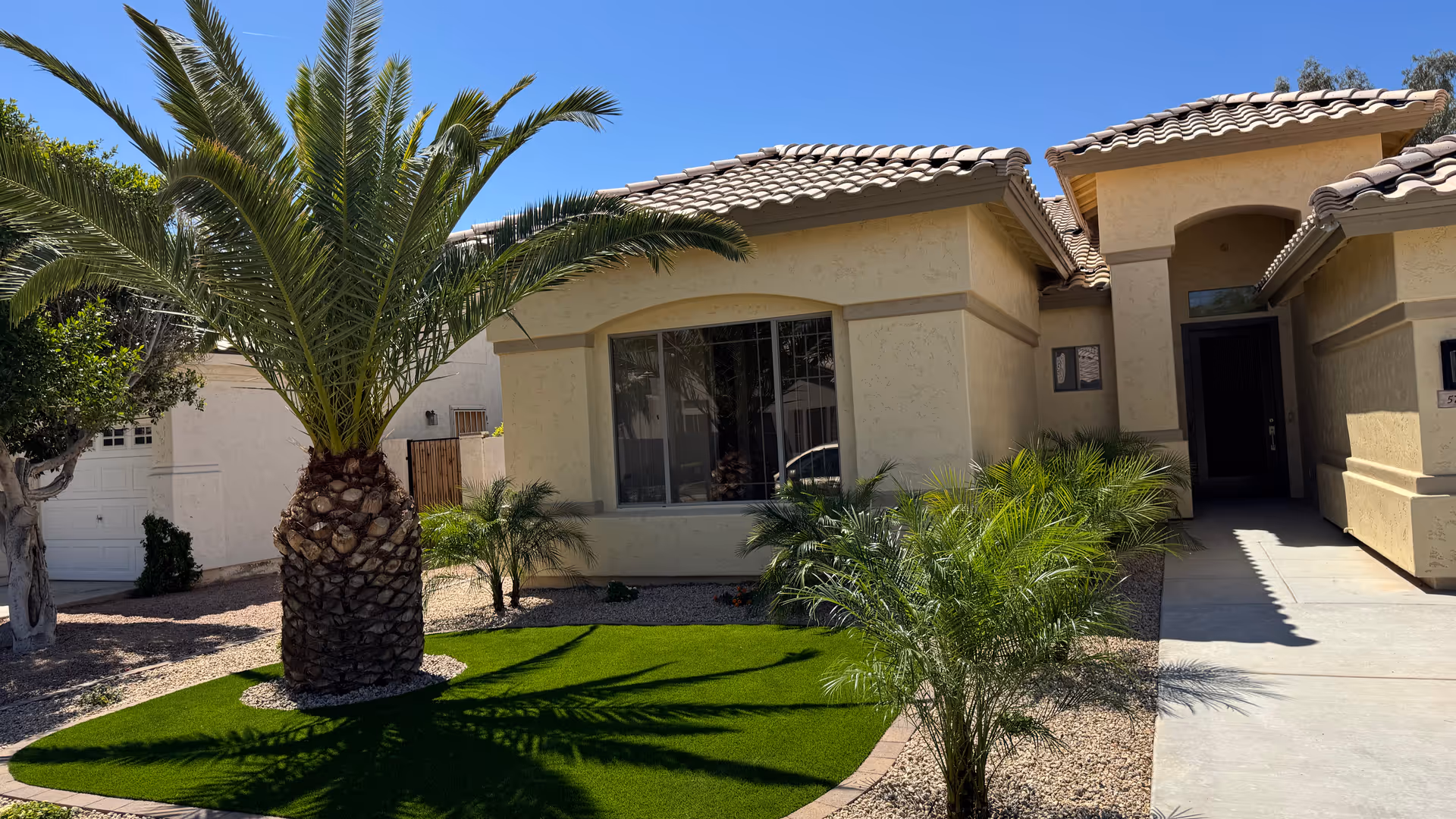 Beige stucco building exterior of a senior living facility with palm trees and a covered entrance.