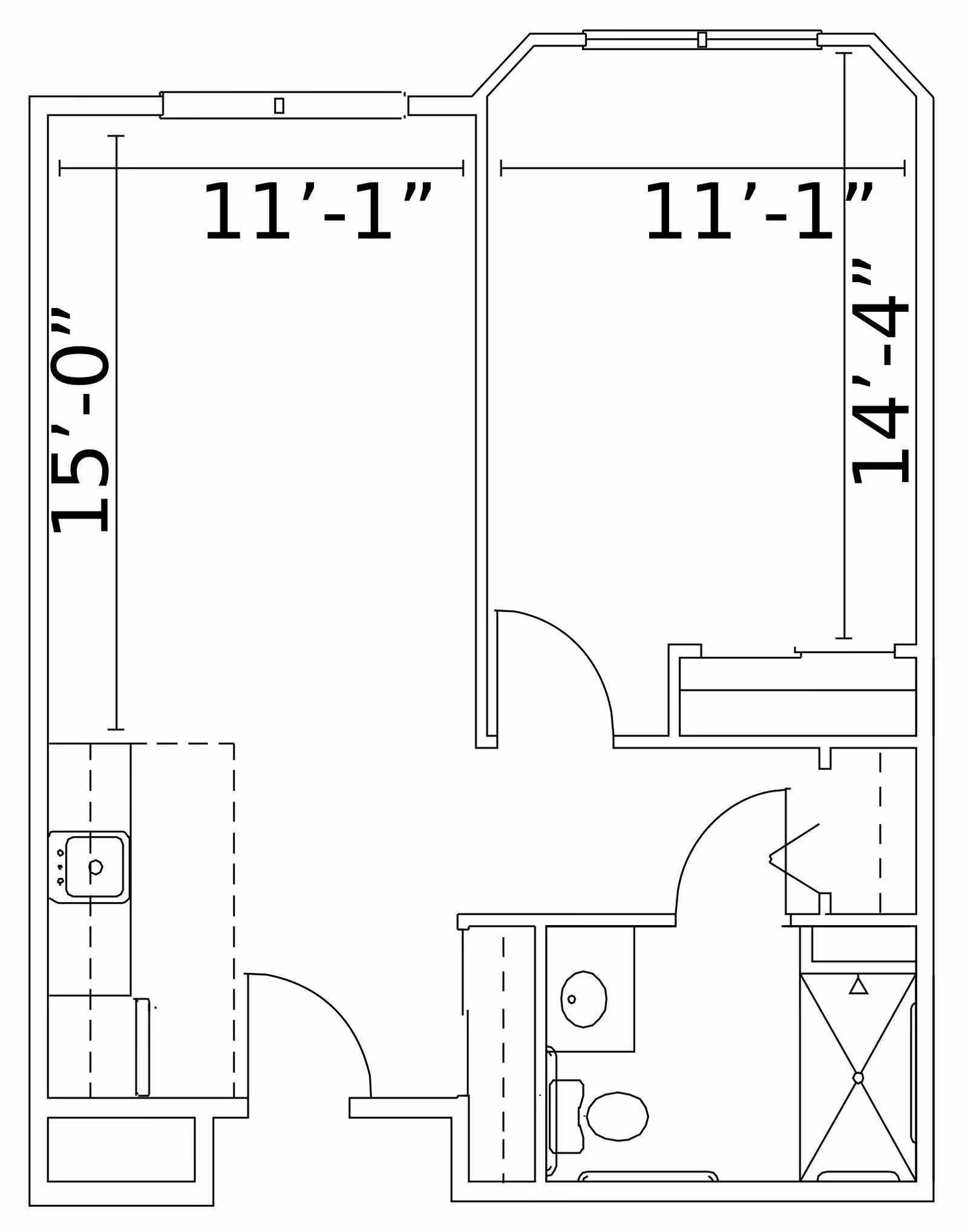 Architectural floor plan of a living space showing two rooms with dimensions 11'-1" by 15'-0" and 11'-1" by 14'-4", a kitchen area with a sink, and a bathroom with a toilet, sink, and shower.
