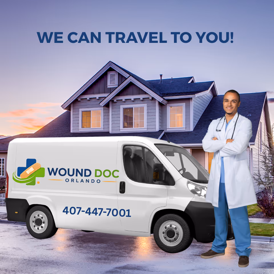 A doctor stands beside a branded Wound Doc van in front of a residential home.