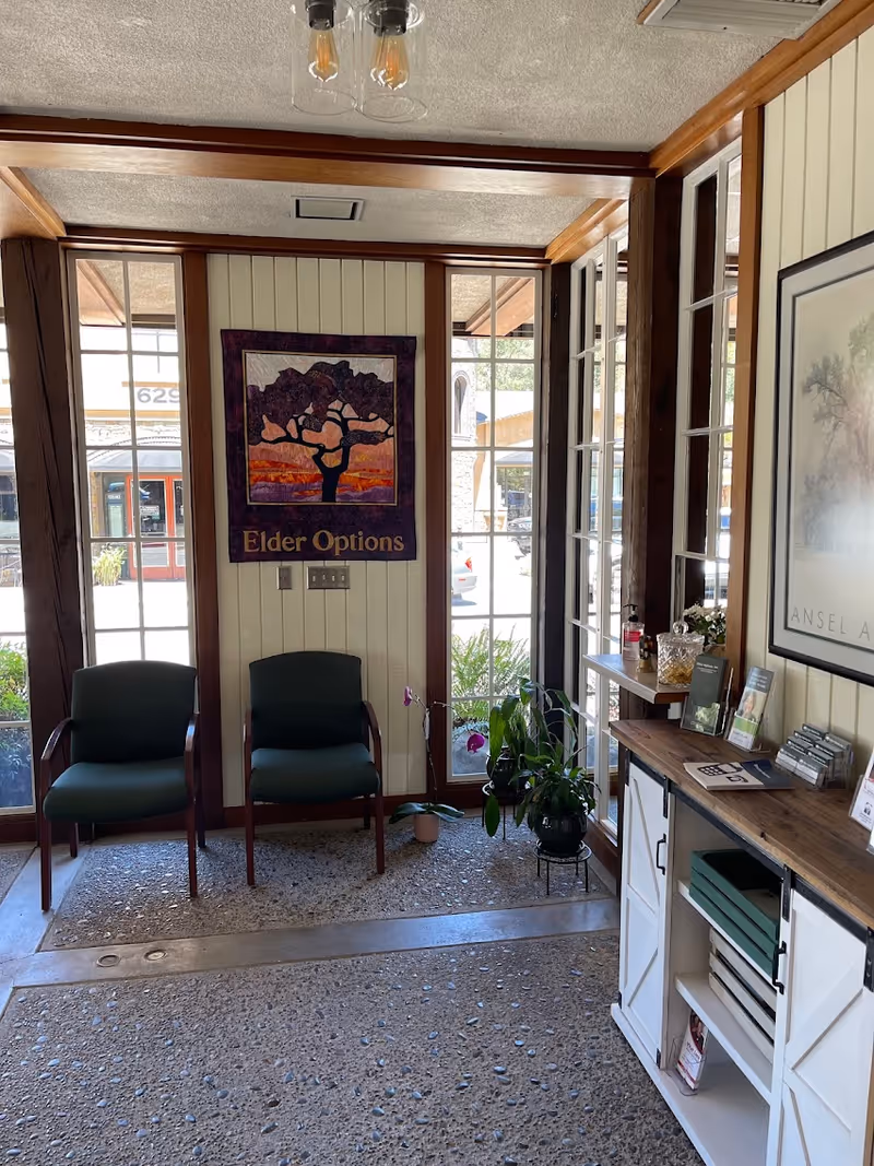 Interior waiting area with two green chairs, Elder Options artwork, and brochure desk.