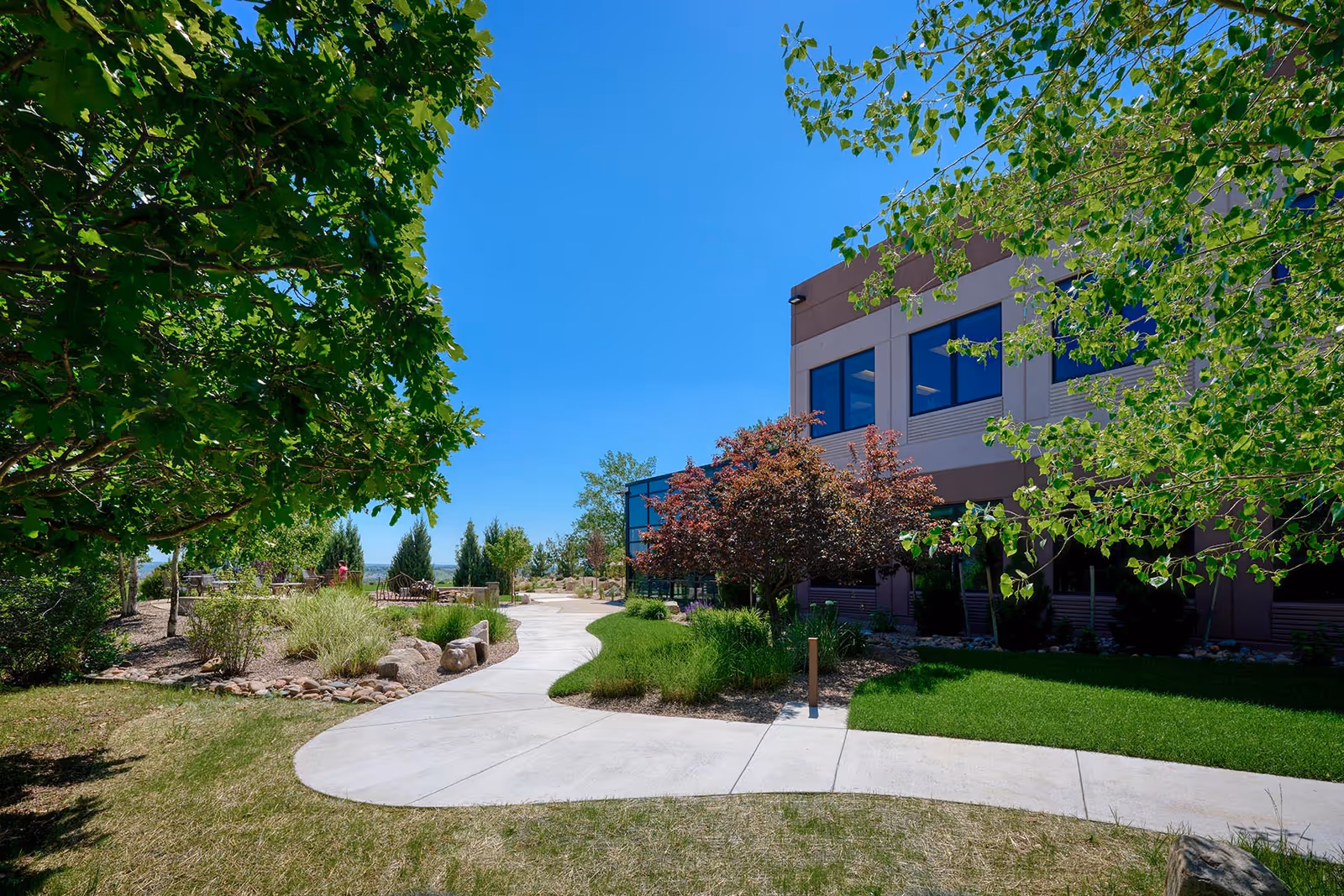 Sunlit exterior view of a senior facility with a curved walkway and landscaped grounds.