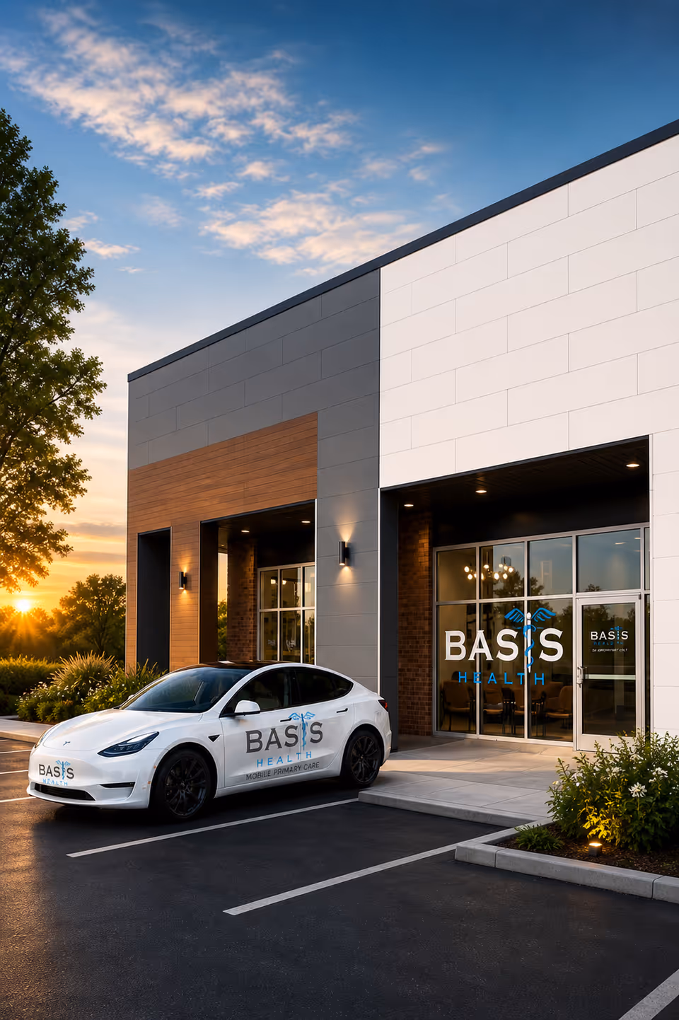 Modern Basis Health building exterior with a white branded car parked near the front entrance.