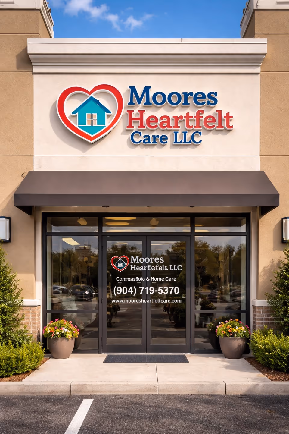 Front entrance of Moores Heartfelt Care LLC with glass doors.