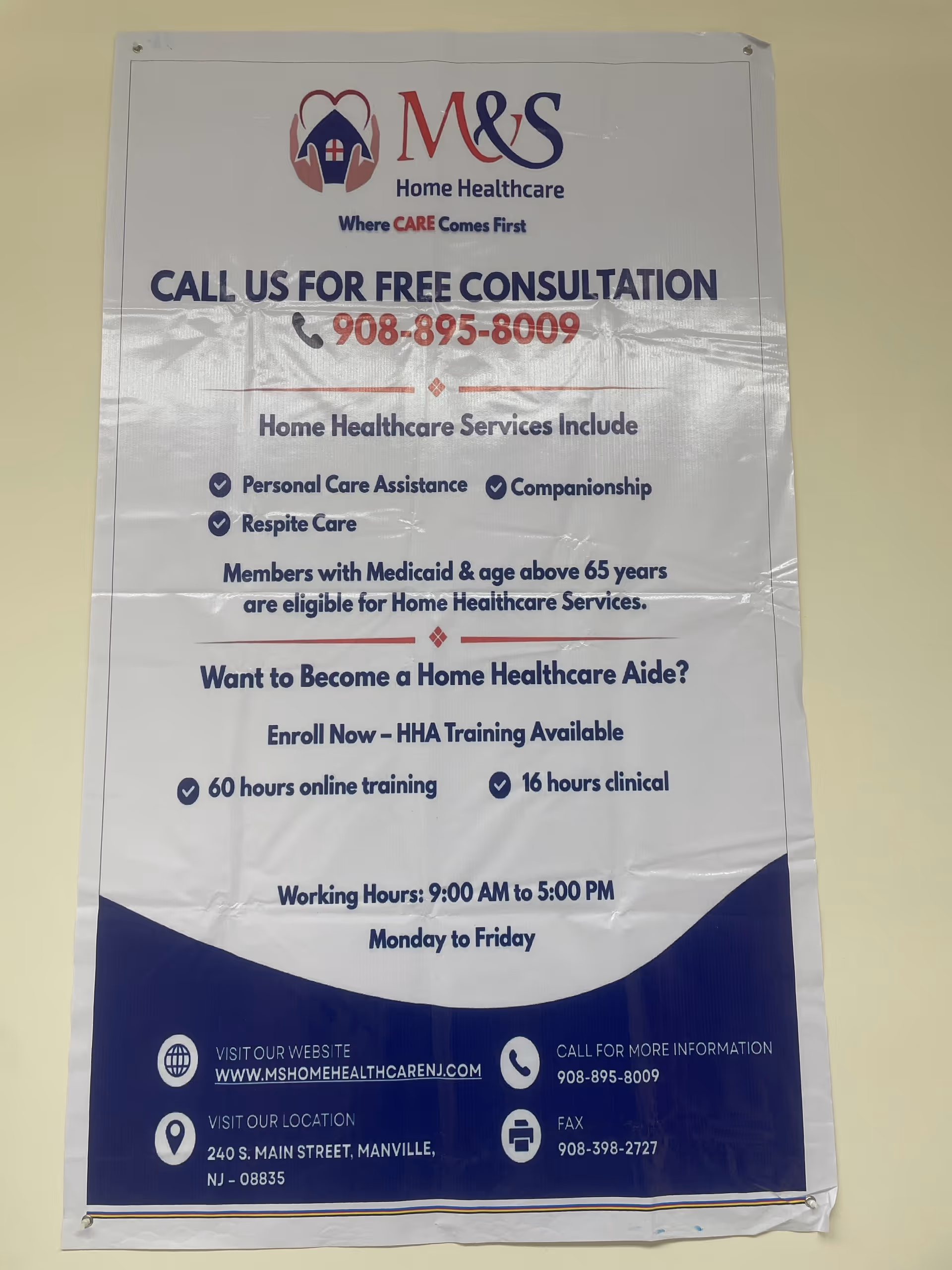 Poster on a wall advertising M&S Home Healthcare services and contact information.