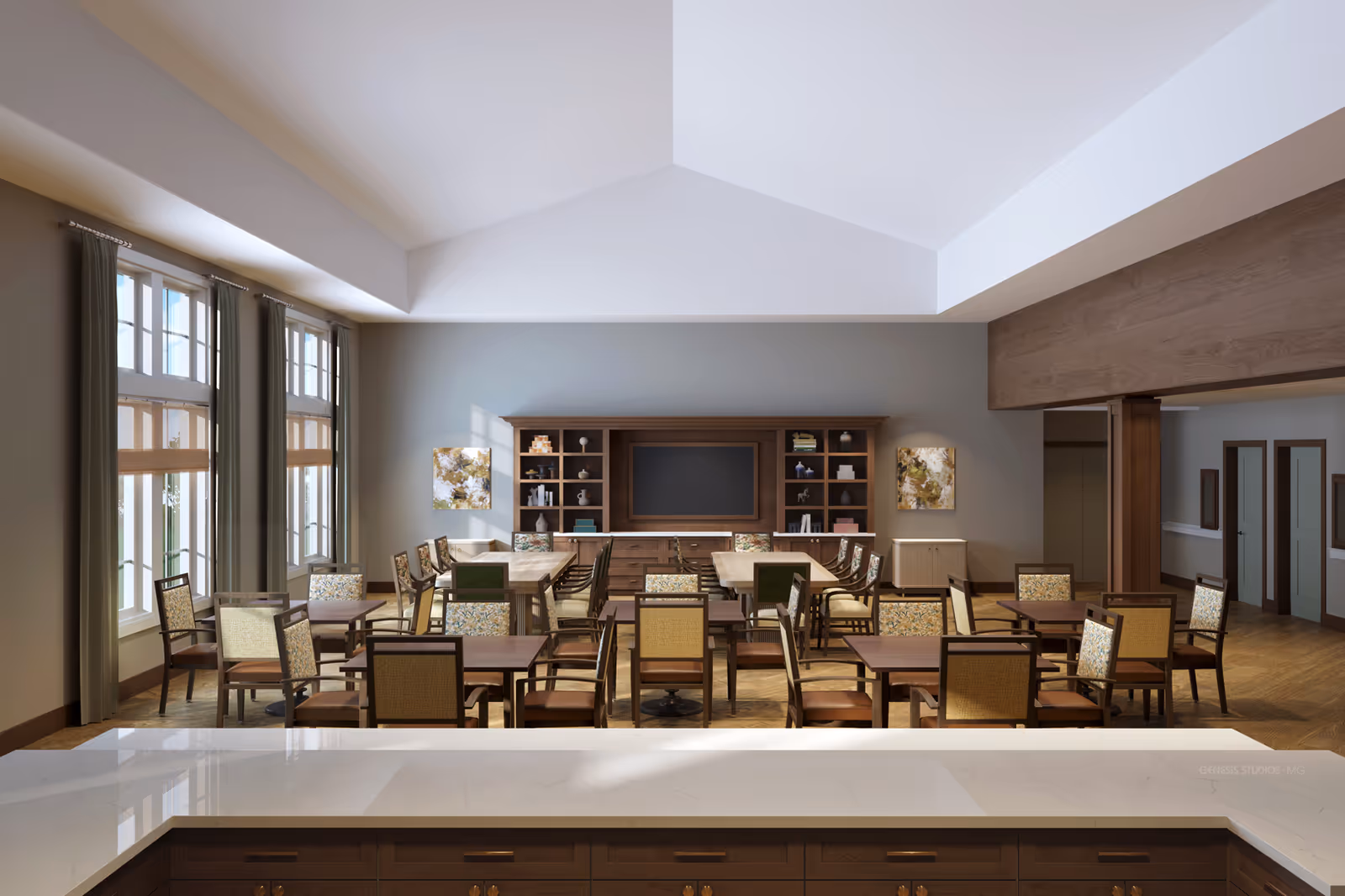 Large communal dining area with tables, chairs, and service counter