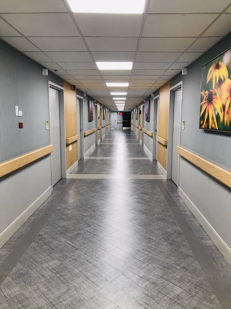 Concordia hallway interior with doors, handrails, and wall art along the corridor.