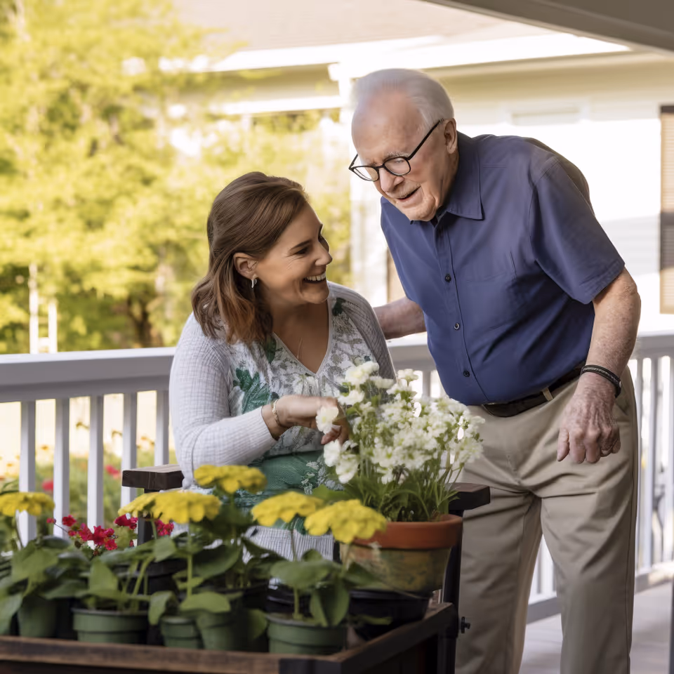 Smiling elderly man chats with a woman on a sunny outdoor balcony among flowers.