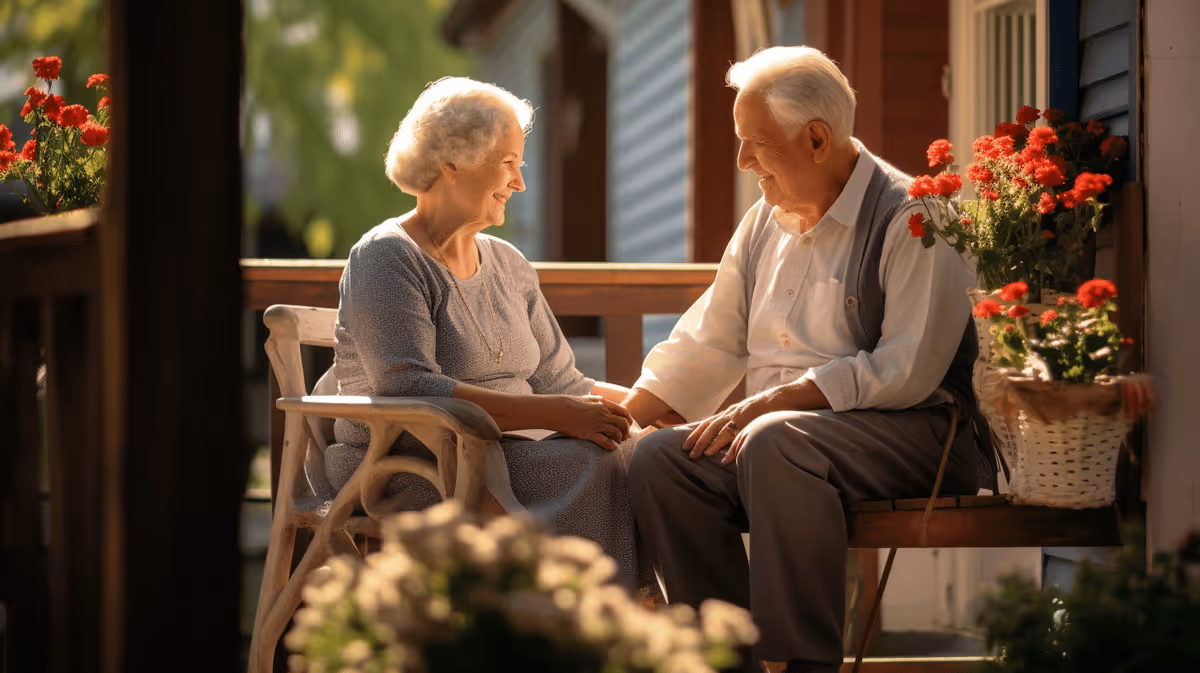 Two elderly residents share a smile on a porch with red flowers in baskets.