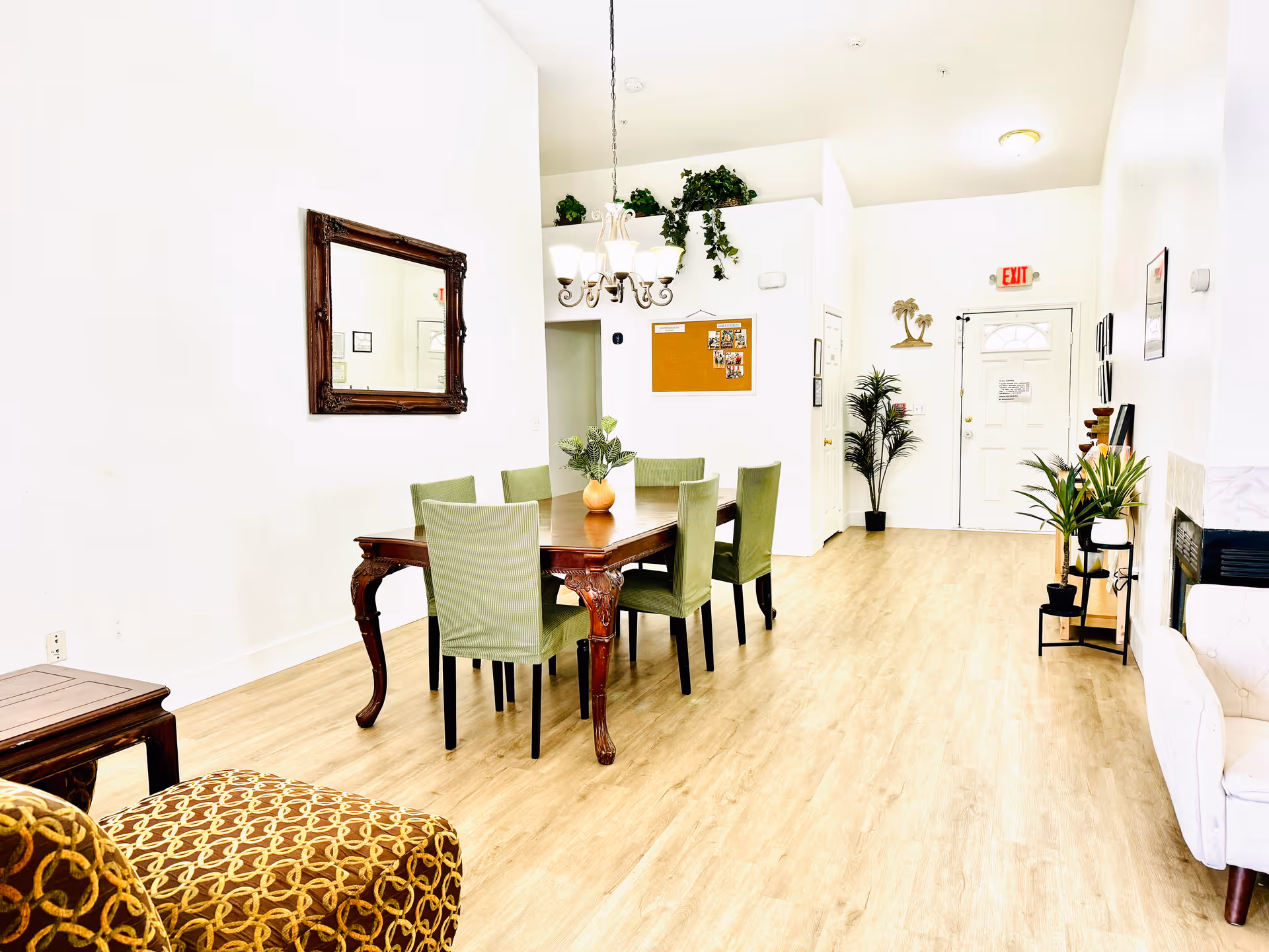 Bright dining area with a wooden table, green chairs, and potted plants.