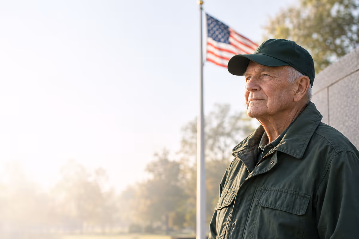 An older veteran in a green cap and jacket stands near a memorial wall, an American flag behind him