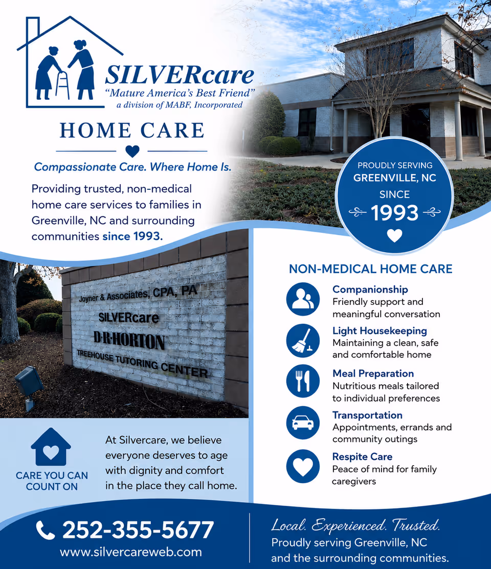 SILVERcare Home Care brochure with building exterior and service highlights.