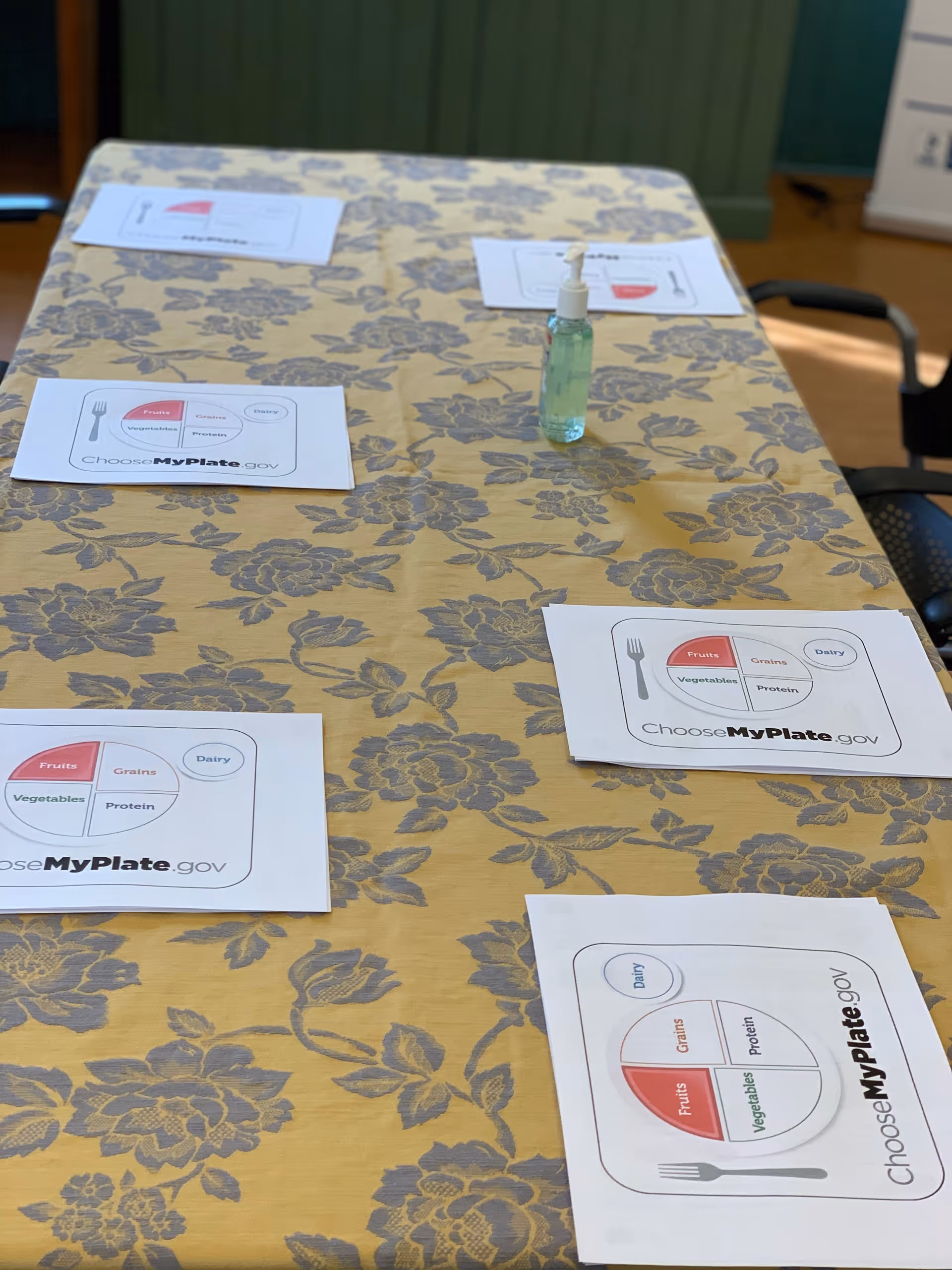 A dining table with floral tablecloth, MyPlate placemats, and a hand sanitizer bottle