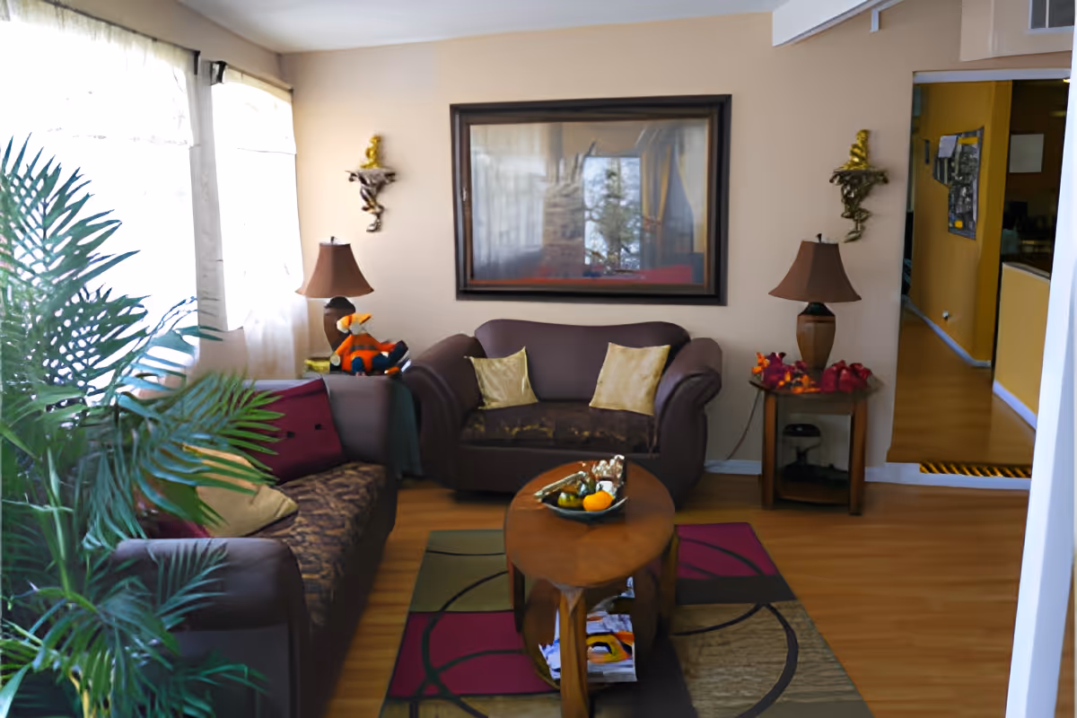 A cozy living room with two brown sofas adorned with cushions, a wooden coffee table with decorative items, a side table with a lamp and flowers, a large framed picture on the wall, and a large green plant near a window with sheer curtains.