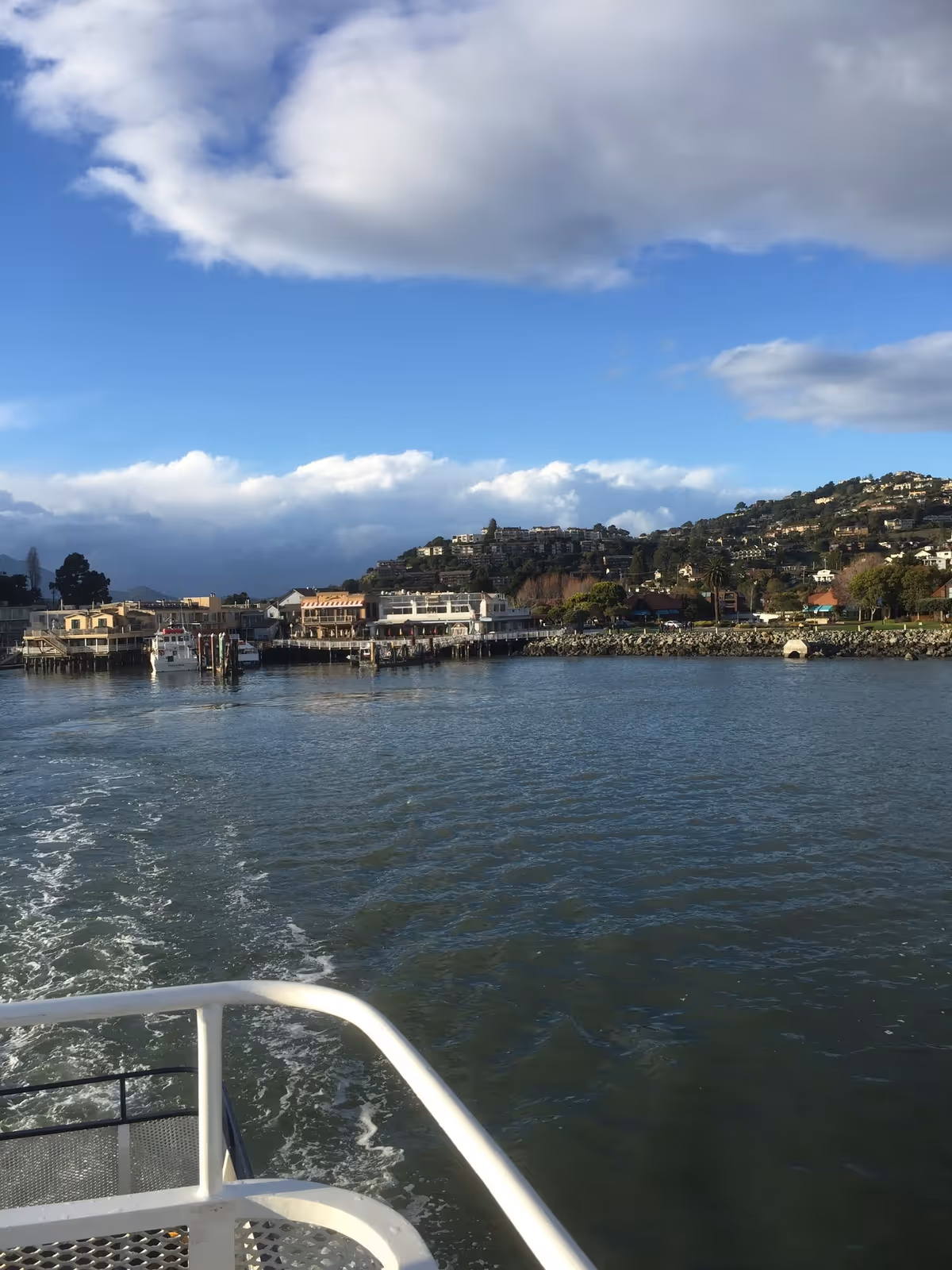 Waterfront harbor view from a boat deck, with shore buildings and distant hills.
