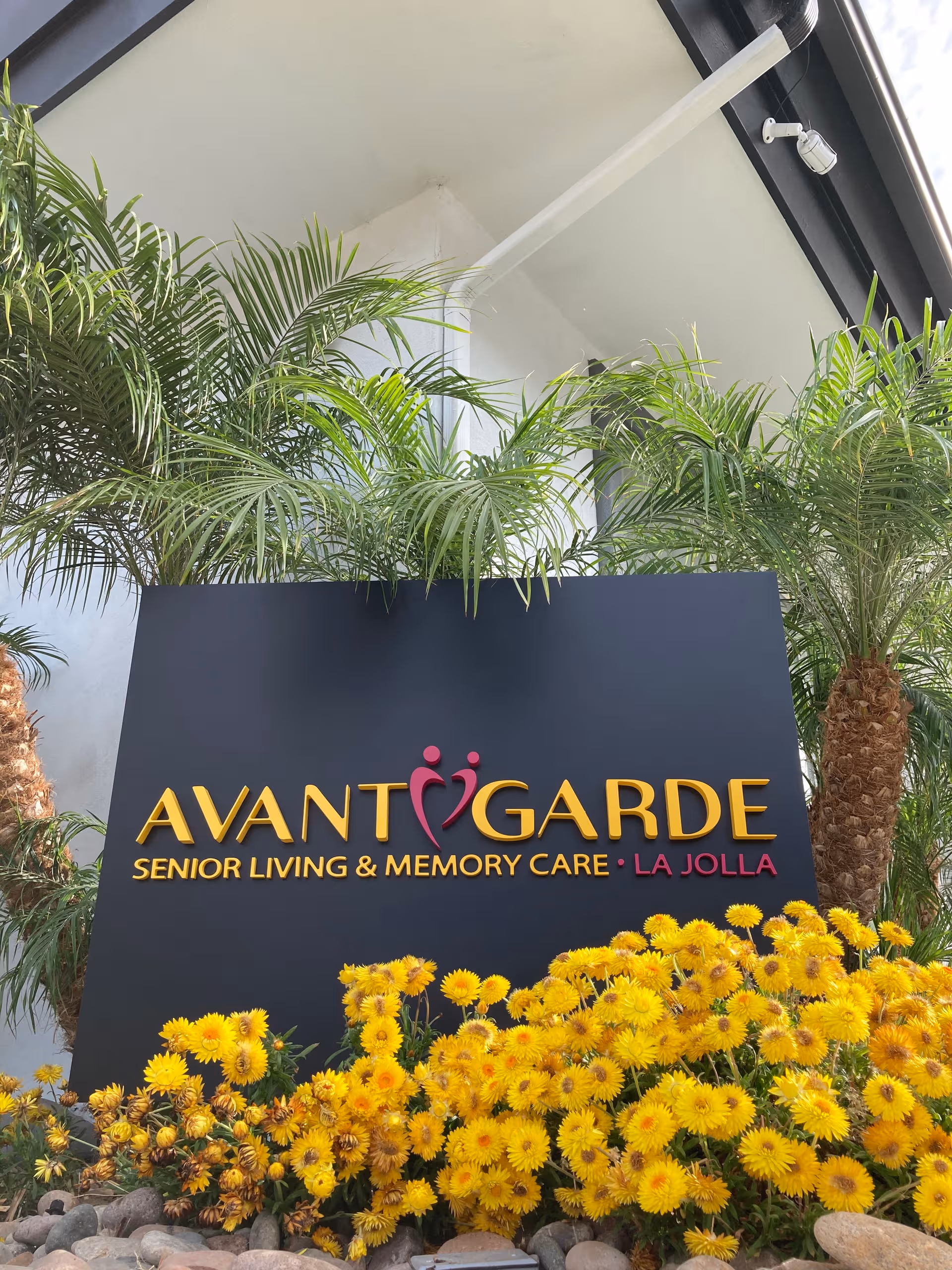 Exterior view of Avantgarde Senior Living sign with palm trees and yellow flowers.
