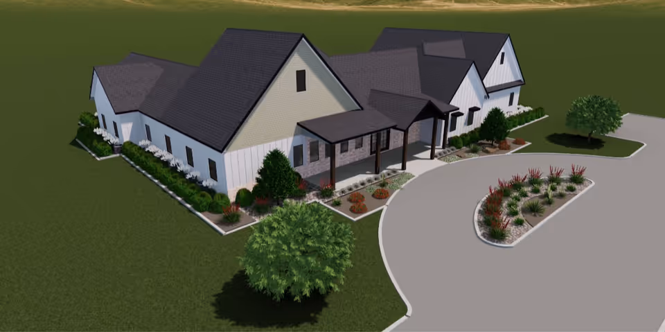 A 3D-rendered exterior view of Premier Resort Assisted Living and Memory Care with curved driveway.