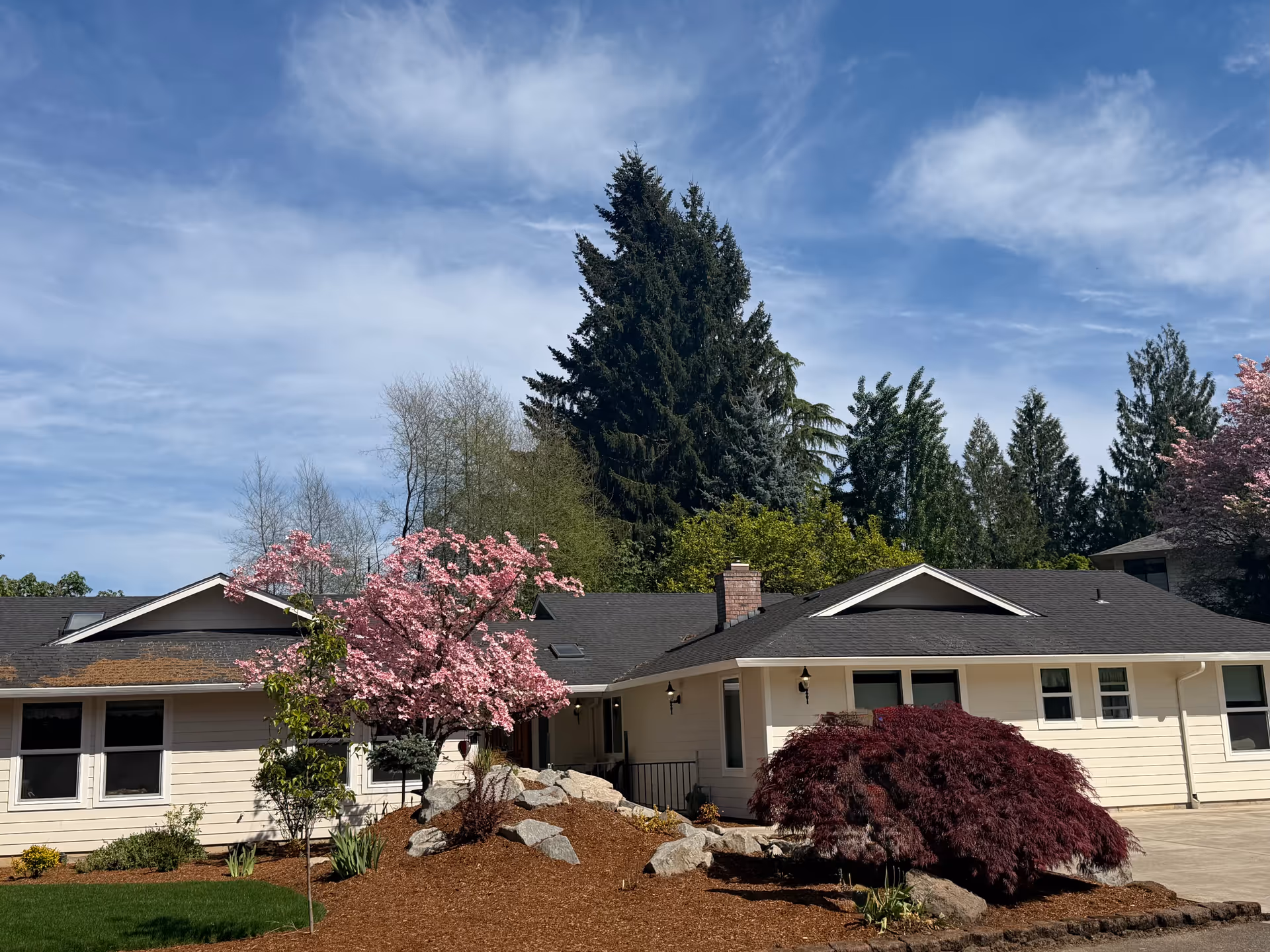 Single-story senior living facility exterior with landscaped yard and pink flowering trees.
