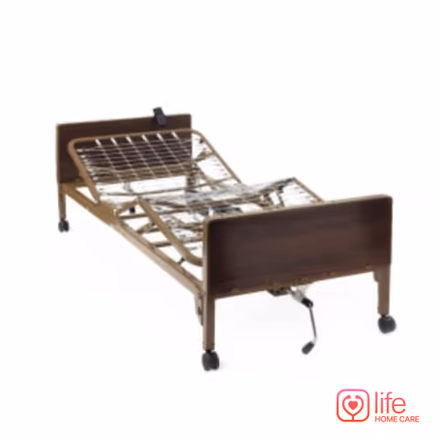 A wooden adjustable hospital bed with side rails and wheels.