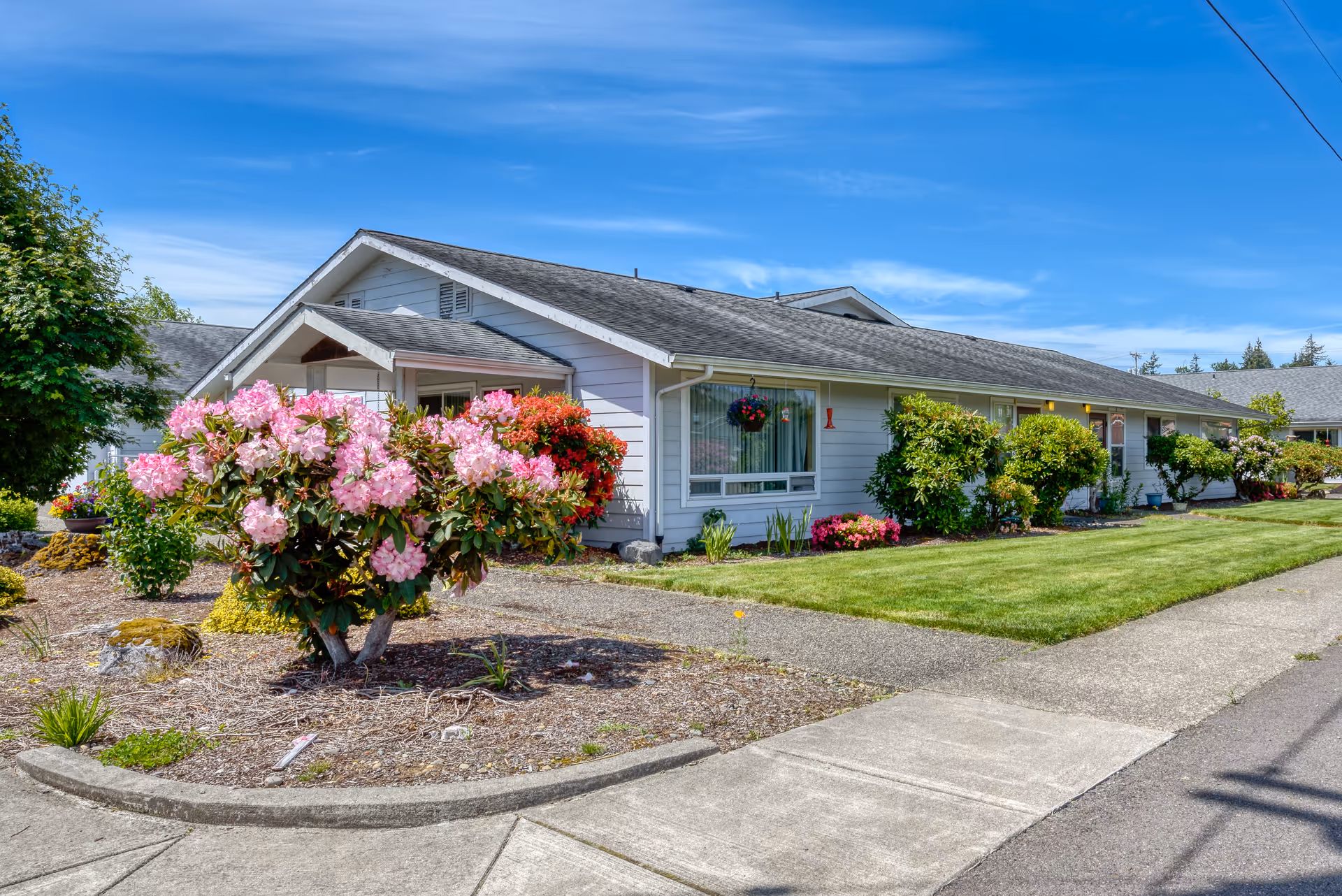 Exterior view of a single-story white building with a gray roof, surrounded by well-maintained landscaping including green grass, bushes, and blooming pink and red flowers under a clear blue sky.