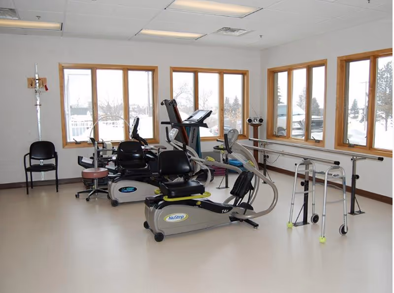 Bright therapy/exercise room with NuStep recumbent machines, a treadmill, walkers, and parallel bars beside large windows.