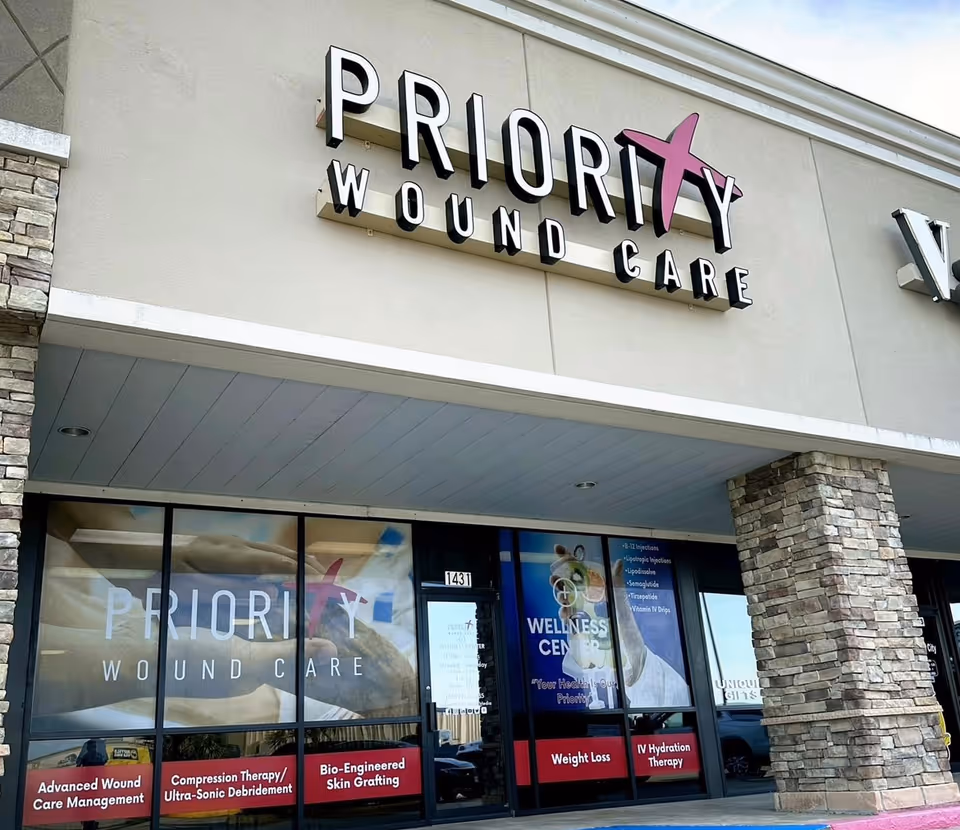 Exterior front of Priority Wound Care facility with large sign and storefront windows.